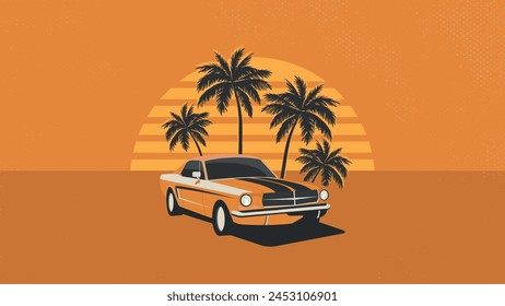 Vintage car on the background of the beach, palm trees and the sea. Horizontal Vector Background for Summer Banners.