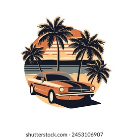 Vintage car on the background of the beach, palm trees and the sea. Logo, Retro Style Emblem. Vector