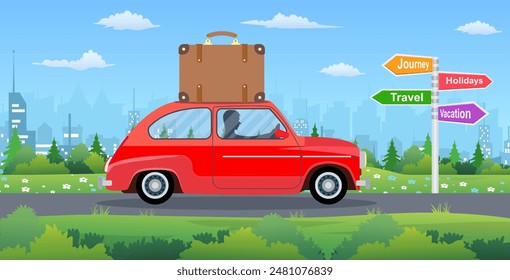 vintage car on city background. Travel, journey, holidays road sign. Vector illustration in flat style