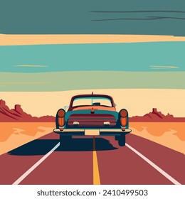 Vintage car on a highway, desert sunset, retro poster design