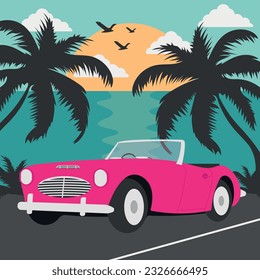 Vintage car on sunset with palm silhouette. Summer vacation vector illustration for flyer, poster, t-shirt design.