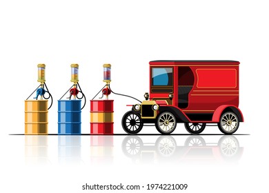 Vintage car park to filling up diesel fuel hand pump vector illustration