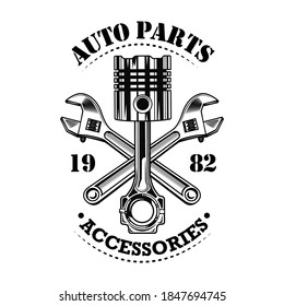 Vintage car parts vector illustration. Chrome piston, crossed wrenches build, auto parts and accessories text. Car service or garage concept for emblems or labels templates