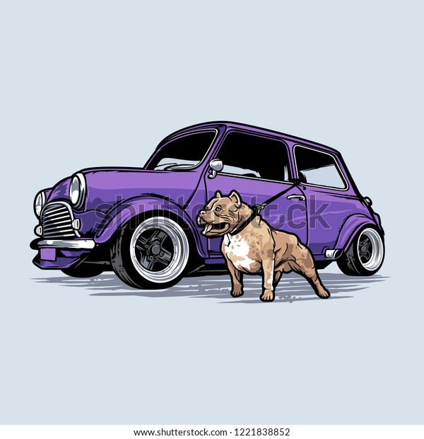 Vintage car with Pitbull\
dog