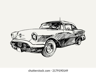 vintage car for poster, art print, sticker print, cover book. antique art car sketch ink for book, business card, 