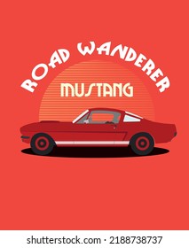 vintage car poster, retro car, red car, mustang