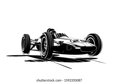 Vintage car, racing car, burnout car, sport car, racing team, turbocharger, tuning. Vector illustration isolated on white background