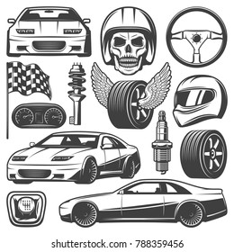 Vintage car racing icons set with automobiles steering wheel tires speedometer skull helmet gearbox flag shock absorber spark plug isolated vector illustration 