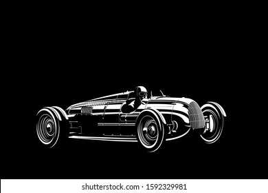 Vintage car, racing car, rally car, sport car, racing team, turbocharger. Vector illustration on black background
