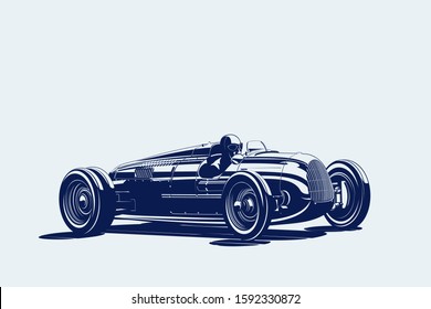 Vintage car, racing car, rally car, sport car, racing team, turbocharger. Vector illustration for sticker, poster or badge
