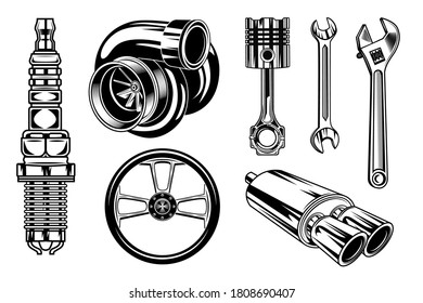 Vintage car repair elements set. Monochrome parts and tools, retro chrome engine, wrenches concept. Vector illustrations collection for garage or motor mechanic service concept