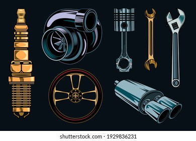 Vintage car repair elements set. Monochrome parts and tools, retro engine, wrenches concept. Vector illustrations collection for garage or motor mechanic service concept