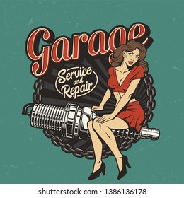 Vintage car repair service colorful label with pinup pretty woman sitting on spark plug isolated vector illustration