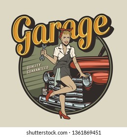 Vintage car repair service label with pin up woman holding wrench and standing near automobile isolated vector illustration