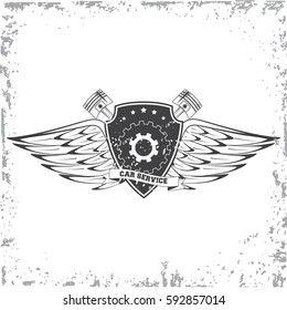 Vintage car repair service logo on white background. Vector illustration.