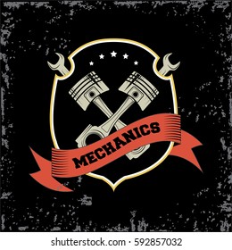 Vintage car repair service logo on black background. Vector illustration..