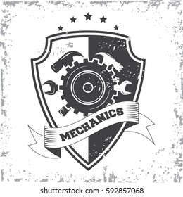 Vintage car repair service logo on white background. Vector illustration.