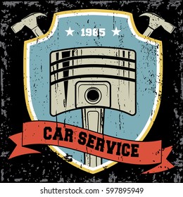 Vintage car repair service logo on black background. Vector illustration.