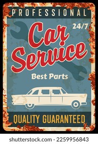 Vintage car repair service rusty plate. Vehicle maintenance garage station, mechanic center or automobile spare parts shop grunge vector banner. Auto restoration workshop tin sign with vintage car