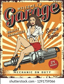 Vintage car repair service template with pin up beautiful girl sitting on spark plug vector illustration