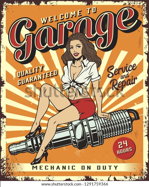 Vintage car repair service\
template with pin up beautiful girl sitting on spark plug vector\
illustration