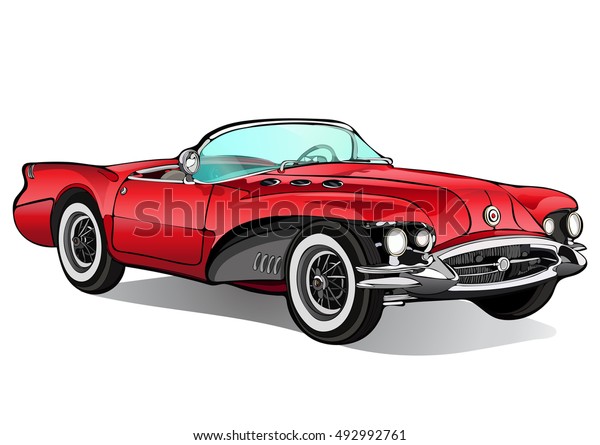 Vintage car. Retro red convertible\
without a roof with shadow. Vector isolated\
illustration