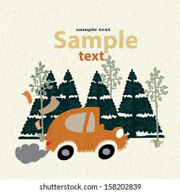 Vintage car in retro style is going in park. Cartoon old style car rides through the park on canvas background in vector
