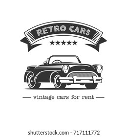 Vintage car. Sale, rental of vintage cars. Monochrome vector logo. Retro cars for rent.