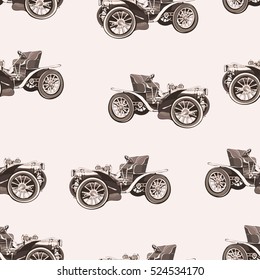 Vintage car seamless pattern, old retro drawing machine, cartoon vector background, monochrome. Illustration in style sepia. For the design of wallpaper, wrapper, fabric, decoration