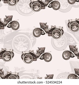 Vintage car seamless pattern, old retro drawing machine, cartoon vector background, monochrome. Illustration in style sepia. For the design of wallpaper, wrapper, fabric, decoration