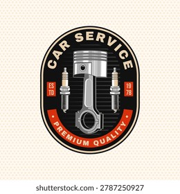Vintage Car Service Badge with Engine Piston and Spark Plugs in Retro Garage Style. Automotive repair vector emblem for mechanic workshop branding and apparel.