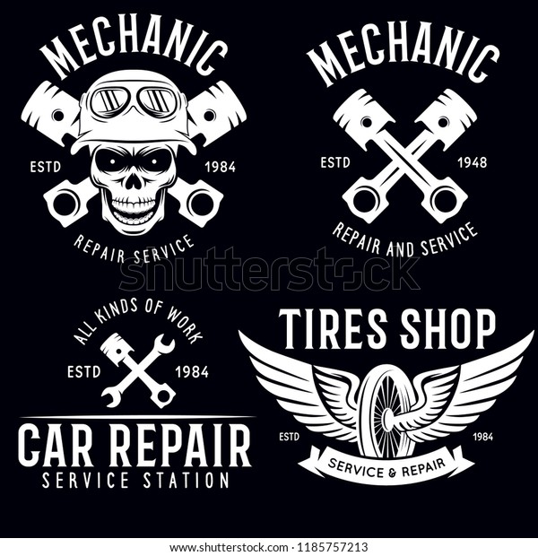 Vintage car service badges, emblems and\
design elements, garage repair retro labels collection. Included\
tire service logos, mechanic tools, wrench, pistons and gear.\
Isolated vector\
illustration.