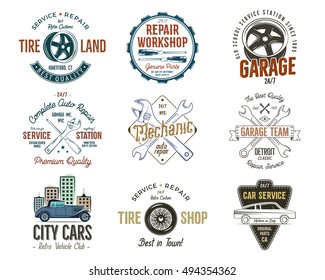 Vintage car service badges, garage repair labels and insignias collection. Retro colors design. Good for repair workshop, classic cars auctions, clubs, tee shirt. Vector