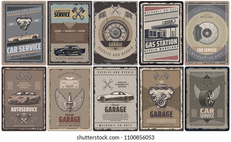 Catálogo del servicio de camión de época con pistones de motor de automóviles retro banderas gasolineras y piezas de automóviles ilustraciones vectoriales aisladas