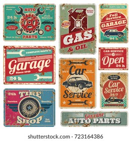 Vintage car service and gas station vector metal signs. Gas station for car, metal grunge banner illustration