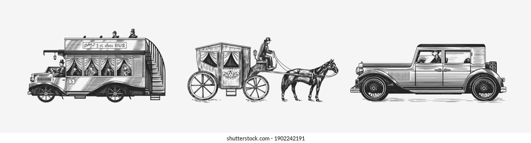 Vintage car for service signboard. Locomotive or train. Horse carriage. Coachman on an old victorian Chariot. Old transport. Retro old school auto. Engraved hand drawn sketch.