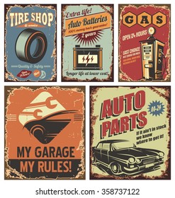 Vintage car service tin signs and posters on old rusty background. Retro auto service flyer collection.