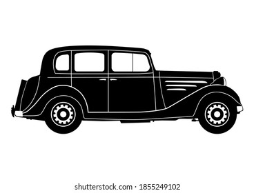 Vintage car. Silhouette of an old car from the 1930s. Side view. Flat vector.