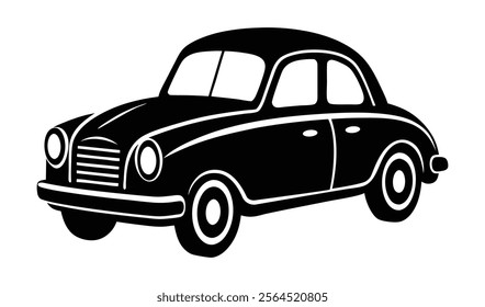 Vintage car silhouette perspective view design. Retro car illustration in black and white. Old-fashioned vehicle image for print