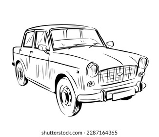 Vintage car with sketch or line art design. Padmini, hand drawn Vector illustration. 