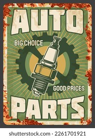 Vintage car spare parts rusty plate. Auto repair garage station, automobile maintenance or restoration workshop or vehicle engine spare parts shop vector banner or poster with spark plug, cog wheel