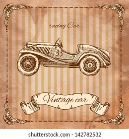 Vintage car in the style of engraving, drawn by ink