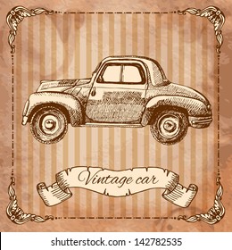 Vintage car in the style of engraving, drawn by ink