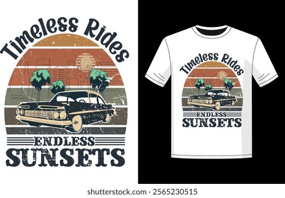 Vintage Car with Sunset and Palm Trees T-Shirt Design 