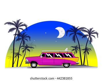 Vintage car with surfing board. Miami, Florida, Hawaii vacation concept illustration. Vector