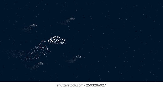 A vintage car symbol filled with dots flies through the stars leaving a trail behind. There are four small symbols around. Vector illustration on dark blue background with stars