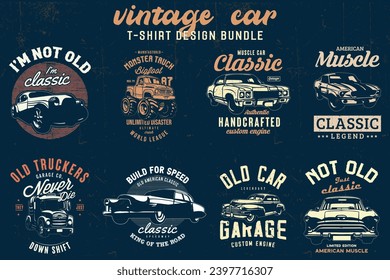 Vintage Car T-shirt Designs Bundle. Classic cars t-shirt vector graphic.