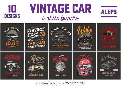 Vintage car vector tee shirts designs label print bundle