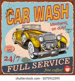 Vintage  Car Wash  poster with retro car.