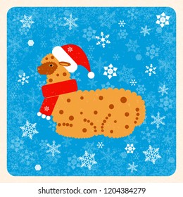 Vintage card. Alpaca in a Christmas hat and scarf. Snowflakes background. Grunge texture. For New Year and Christmas projects